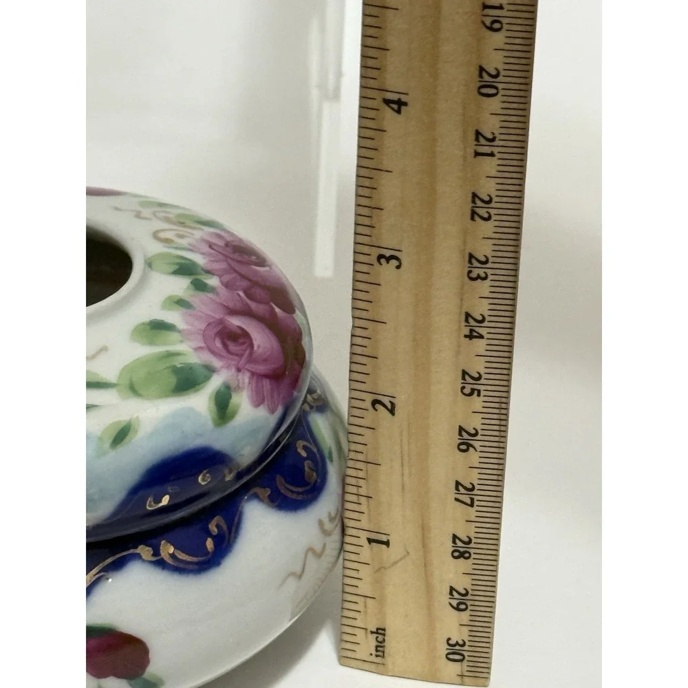 Antique Hand Painted Porcelain Hair Receiver - Cobalt Blue, Pink Gold Glit